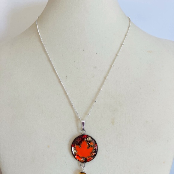 Handmade Autumn/Fall Maple Leaf Pendant Necklace with Satellite Chain Orange - Picture 1 of 10